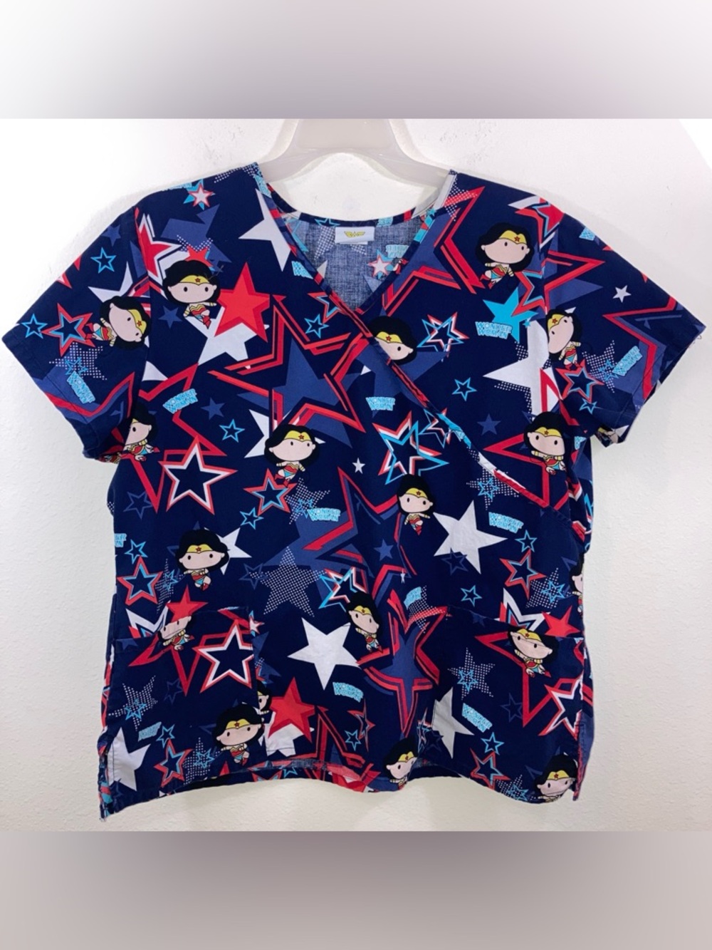 Wonder Woman Dark Blue & Red Scrub with Stars & Wonder Woman Print Size 2XL.
